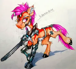 Size: 3084x2776 | Tagged: safe, artist:creature.exist, derpibooru import, oc, oc:create.exist, unofficial characters only, cyborg, cyborg pony, earth pony, pony, amputee, chainsaw, cyber legs, ear fluff, high res, image, jpeg, photo, prosthetic limb, prosthetics, simple background, solo, traditional art, unshorn fetlocks, white background