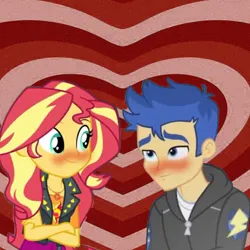 Size: 1080x1080 | Tagged: safe, artist:themexicanpunisher, derpibooru import, flash sentry, sunset shimmer, equestria girls, g4, blushing, female, flashimmer, image, jpeg, male, shipping, straight