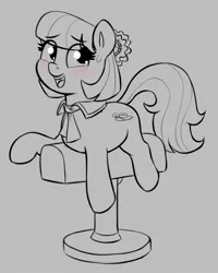 Size: 1287x1608 | Tagged: safe, artist:heretichesh, derpibooru import, coco pommel, earth pony, pony, g4, blushing, cocobetes, cute, eye clipping through hair, female, gray background, grayscale, image, jpeg, mare, monochrome, open mouth, open smile, partial color, pommel horse, pun, simple background, smiling, solo, sweat, sweatdrop, visual pun