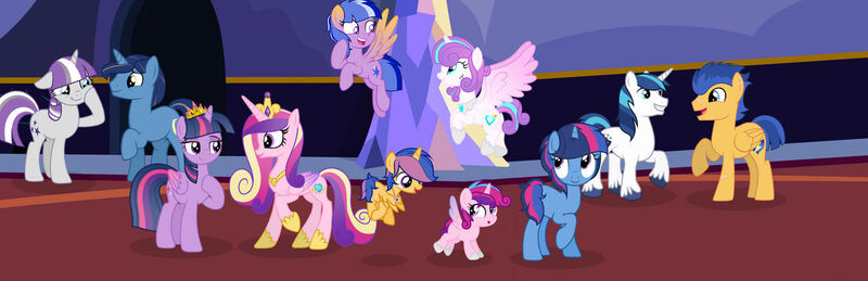 Size: 1280x414 | Tagged: safe, artist:cobaltstaryt, derpibooru import, flash sentry, night light, princess flurry heart, shining armor, twilight sparkle, twilight sparkle (alicorn), twilight velvet, oc, oc:aurora sky, oc:cobalt star, oc:sapphire star, alicorn, pegasus, pony, g4, aunt, aunt and niece, base used, child, daughter, daughter-in-law, father, father and child, father and daughter, father and mother, father and son, father-in-law, female, filly, flying, grandfather, grandfather and grandchild, grandfather and granddaughter, grandfather and grandmother, grandmother, grandmother and grandchild, grandmother and granddaughter, group, hoof shoes, husband, husband and wife, image, jewelry, jpeg, male, mother, mother and child, mother and daughter, mother and son, mother in law, nice, offspring, older, older flurry heart, parent:flash sentry, parent:night light, parent:princess cadance, parent:shining armor, parent:twilight sparkle, parents:flashlight, parents:shiningcadance, pegasus oc, raised hoof, sisters-in-law, smiling, son, sparkle family, tiara, unshorn fetlocks, wife, wings