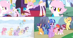 Size: 1280x677 | Tagged: safe, artist:cobaltstaryt, derpibooru import, applejack, fluttershy, pinkie pie, princess celestia, rainbow dash, rarity, twilight sparkle, oc, oc:apple pie (cobaltstaryt), oc:cobalt star, oc:sapphire star, oc:sweet tooth, draconequus, hybrid, pony, g4, base used, comic, draconequus oc, female, flying, hoof shoes, image, interspecies offspring, jpeg, magical lesbian spawn, mane six, mare, offspring, outdoors, parent:big macintosh, parent:discord, parent:flash sentry, parent:fluttershy, parent:pinkie pie, parent:princess celestia, parent:rainbow dash, parent:twilight sparkle, parents:dislestia, parents:flashlight, parents:fluttermac, parents:pinkiedash, smiling, snow