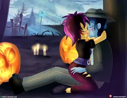 Size: 1500x1159 | Tagged: safe, artist:dieart77, derpibooru import, sunset shimmer, oc, costume conundrum, equestria girls, equestria girls series, g4, spoiler:eqg series (season 2), blushing, candle, canon x oc, clothes, commission, duo, eyes closed, female, fence, halloween, holiday, image, jack-o-lantern, jpeg, kissing, male, my little pony equestria girls: better together, pants, pumpkin, streetlight