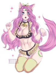 Size: 2450x3297 | Tagged: suggestive, artist:helenvitter, derpibooru import, oc, oc:princess fluttershy, unofficial characters only, alicorn, human, alicorn oc, alternate cutie mark, alternate design, alternate hairstyle, alternate universe, au:friendship is kindness, breasts, cleavage, clothes, commission, high res, horn, humanized, image, jewelry, maid, multicolored nails, neko, png, socks, solo, stockings, thigh highs, tiara, wings, ych result