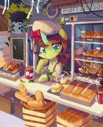 Size: 3347x4096 | Tagged: safe, artist:saxopi, derpibooru import, oc, unofficial characters only, pony, unicorn, apron, bread, cinnamon bun, clothes, female, food, image, jam, jpeg, leaves, looking at you, mare, shirt, smiling, smiling at you, solo