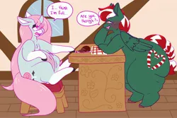 Size: 4096x2731 | Tagged: suggestive, artist:fatfurparadise, derpibooru import, oc, unofficial characters only, pegasus, pony, unicorn, belly, belly blush, big belly, blushing, cake, dialogue, duo, eye clipping through hair, fat, female, food, full, hair over one eye, image, jpeg, looking at each other, male, mare, obese, one eye closed, open mouth, open smile, sitting, smiling, stallion, stuffed, thighs, thunder thighs