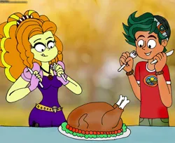 Size: 1280x1047 | Tagged: safe, artist:rdj1995, derpibooru import, adagio dazzle, timber spruce, bird, turkey, equestria girls, g4, cooked, duo, female, fork, holiday, image, jpeg, knife, male, shipping, straight, thanksgiving, timberdazzle