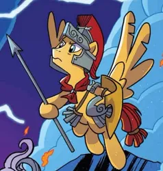 Size: 428x449 | Tagged: safe, artist:tonyfleecs, derpibooru import, idw, flash magnus, pegasus, pony, g4, image, jpeg, legends of magic #12, male, my little pony: legends of magic, netitus, shield, spear, stallion, weapon