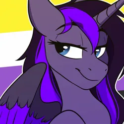 Size: 1200x1200 | Tagged: safe, artist:zahsart, derpibooru import, oc, unofficial characters only, alicorn, pony, alicorn oc, horn, image, jpeg, lidded eyes, nonbinary, nonbinary pride flag, pride, pride flag, smiling, solo, spread wings, wings