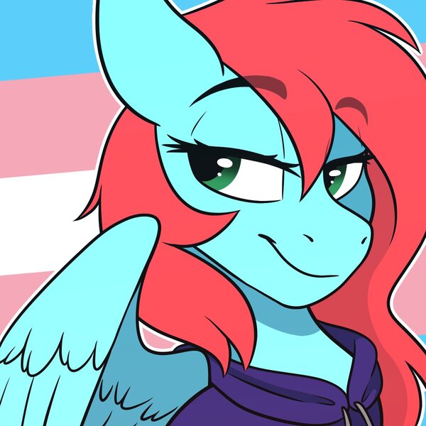 Size: 1200x1200 | Tagged: safe, artist:zahsart, derpibooru import, oc, unofficial characters only, pegasus, pony, female, image, jpeg, lidded eyes, pride, pride flag, smiling, solo, trans female, transgender, transgender pride flag