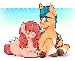 Size: 1601x1302 | Tagged: dead source, safe, artist:baitslament, derpibooru import, hitch trailblazer, oc, oc:amber haze, earth pony, pony, unicorn, g5, my little pony: a new generation, blue background, canon x oc, cute, femboy, gay, image, love, lying down, male, png, shipping, simple background, smiling, stallion, unshorn fetlocks