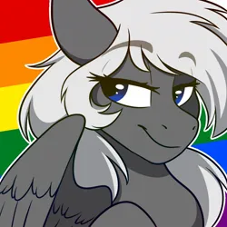 Size: 1200x1200 | Tagged: safe, artist:zahsart, derpibooru import, oc, oc:silver bullet, unofficial characters only, pegasus, pony, gay pride flag, image, jpeg, lidded eyes, pride, pride flag, smiling, solo, spread wings, wings