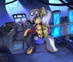 Size: 1300x1100 | Tagged: safe, artist:freak-side, derpibooru import, oc, oc:coffee creme, unofficial characters only, pegasus, pony, clothes, goggles, image, machine, pants, png, repairing, shirt, solo, wrench