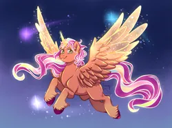 Size: 1887x1403 | Tagged: safe, artist:yami-sempai, derpibooru import, sunny starscout, alicorn, earth pony, pony, g5, my little pony: a new generation, artificial horn, artificial wings, augmented, horn, image, magic, magic horn, magic wings, mane stripe sunny, png, race swap, solo, sunnycorn, wings