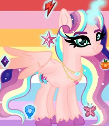 Size: 831x962 | Tagged: safe, artist:owocrystalcatowo, derpibooru import, sunny starscout, oc, oc:crystal heart, unofficial characters only, alicorn, pony, g5, my little pony: a new generation, element of generosity, element of honesty, element of kindness, element of laughter, element of loyalty, element of magic, elements of harmony, female, fusion, image, jpeg, magic, mane stripe sunny, mare, solo