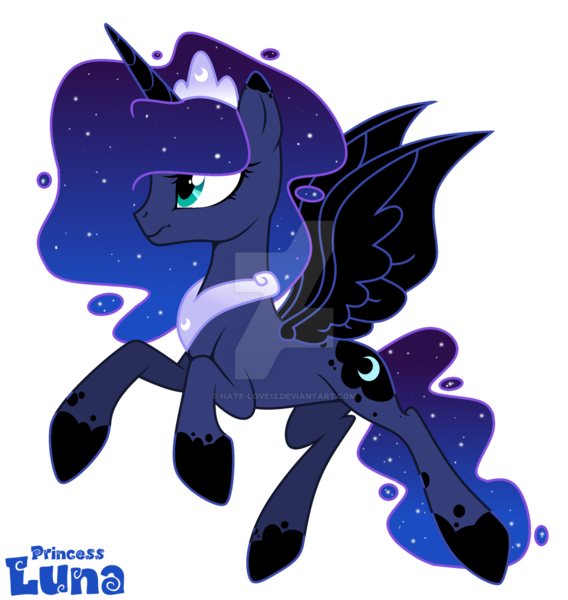 Size: 1280x1351 | Tagged: safe, alternate version, artist:hate-love12, derpibooru import, princess luna, alicorn, pony, g4, alternate design, alternate hairstyle, alternate timeline, alternate universe, cutie mark, deviantart watermark, ethereal hair, ethereal mane, ethereal tail, galaxy, galaxy mane, galaxy tail, horn, image, obtrusive watermark, png, princess of the night, simple background, solo, spread wings, tail, transparent background, watermark, wings