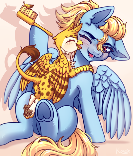 Size: 3400x4000 | Tagged: safe, artist:konejo, derpibooru import, oc, oc:beaky, oc:brave blossom, unofficial characters only, gryphon, pegasus, pony, fanfic:yellow feathers, brush, brushing, derpibooru exclusive, duo, face licking, feather, female, food, griffon oc, ice cream, image, licking, male, mother and child, mother and son, paw pads, paws, pegasus oc, png, tongue out, wings