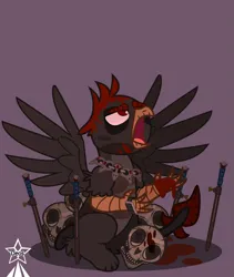 Size: 4245x5021 | Tagged: semi-grimdark, artist:devorierdeos, derpibooru import, oc, unofficial characters only, gryphon, fallout equestria, blood, image, knife, open mouth, png, raider, red eyes, simple background, skull, solo, spread wings, wings