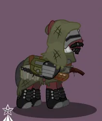 Size: 4245x5021 | Tagged: safe, artist:devorierdeos, derpibooru import, oc, unofficial characters only, earth pony, pony, fallout equestria, armor, bag, bandolier, beard, boots, bullet, cartridge, clothes, dirt, earth pony oc, facial hair, gun, hood, image, knife, mask, moustache, png, raider, sawed off shotgun, shoes, shotgun, slaver, solo, weapon