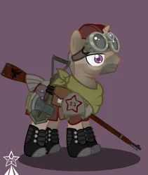 Size: 4245x5021 | Tagged: safe, artist:devorierdeos, derpibooru import, oc, unofficial characters only, pony, unicorn, fallout equestria, axe, bag, boots, clothes, dirty, garrison cap, gun, horn, image, mosin nagant, musical instrument, png, purple eyes, red eye army, rifle, safety goggles, shoes, shovel, simple background, soldier, solo, stubble, tired, unicorn oc, veteran, weapon