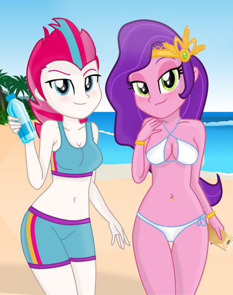 Size: 853x1080 | Tagged: suggestive, artist:charliexe, artist:grapefruit-face, artist:yaya54320bases, derpibooru import, pipp petals, zipp storm, equestria girls, g4, g5, my little pony: a new generation, base used, beach, belly button, bikini, blushing, breasts, busty pipp petals, busty zipp storm, clothes, crown, duo, duo female, equestria girls-ified, female, g5 to equestria girls, g5 to g4, generation leap, image, jewelry, looking at you, mobile phone, ocean, phone, piercing, png, regalia, royal sisters (g5), sexy, show accurate, siblings, sisters, skinny pipp, smiling, smiling at you, sports bra, stupid sexy pipp petals, stupid sexy zipp storm, swimming trunks, swimsuit, water bottle