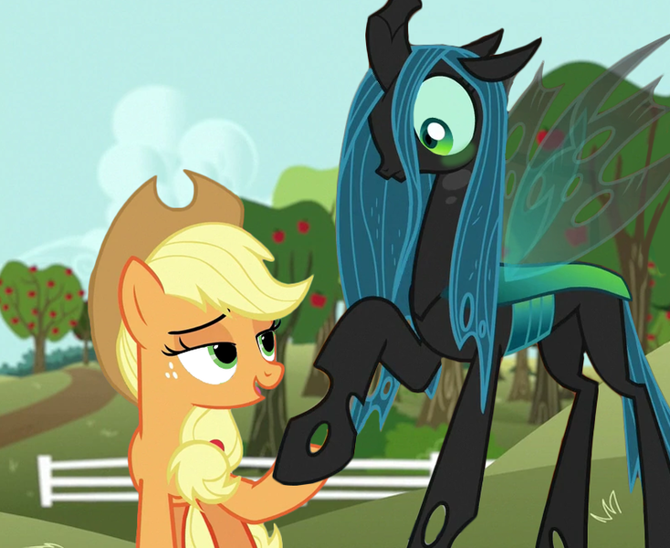 Size: 796x651 | Tagged: safe, artist:queenderpyturtle, derpibooru import, edit, edited screencap, screencap, applejack, queen chrysalis, changeling, pony, g4, chrysajack, female, image, lesbian, png, shipping