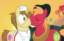 Size: 1024x661 | Tagged: safe, artist:queenderpyturtle, derpibooru import, edit, edited screencap, screencap, big macintosh, donut joe, earth pony, pony, g4, blushing, donutmac, duo, duo male, gay, image, kiss on the cheek, kissing, male, png, shipping, stallion