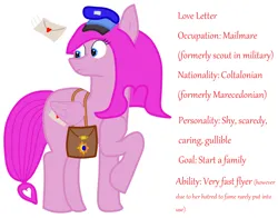 Size: 1154x906 | Tagged: safe, artist:adusak, derpibooru import, oc, oc:love letter(adusak), unofficial characters only, pegasus, pony, amateur, blue eyes, derpibooru exclusive, description, folded wings, hat, heart, image, low quality, mailbag, mailmare, pegasus oc, pink fur, pink mane, pink tail, png, raised hoof, simple background, solo, startled, tail, text, white background, wings