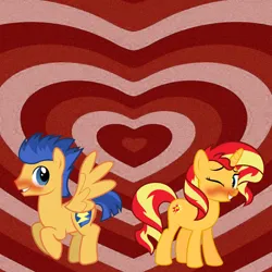 Size: 1080x1080 | Tagged: safe, artist:themexicanpunisher, derpibooru import, flash sentry, sunset shimmer, pony, unicorn, g4, blushing, female, flashimmer, grin, image, jpeg, looking at each other, looking back, male, one eye closed, shipping, smiling, straight, the powerpuff girls, wink