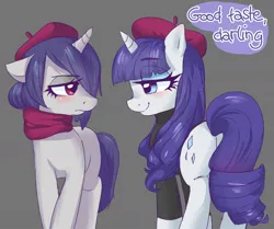 Size: 1224x1024 | Tagged: safe, artist:ponchik_art, derpibooru import, onyx, rarity, pony, unicorn, g4, g5, my little pony: a new generation, beatnik pony, beatnik rarity, beret, blushing, butt, clothes, darling, dialogue, duo, duo female, female, gray background, hat, image, jpeg, looking at each other, mare, plot, scarf, simple background, smiling, sweater