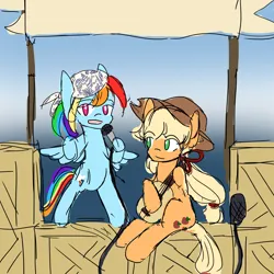 Size: 1500x1500 | Tagged: safe, artist:snowzaaah, derpibooru import, applejack, rainbow dash, earth pony, pegasus, pony, g4, alternate hairstyle, appledash, female, image, lesbian, microphone, musical instrument, png, shipping, ukulele