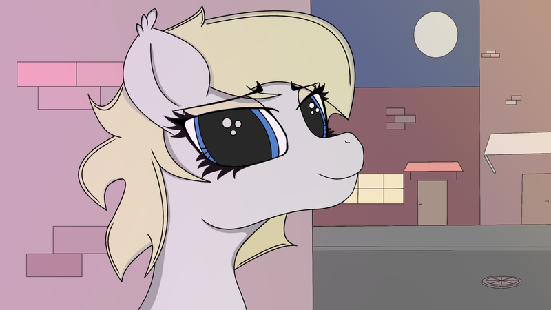 Size: 2560x1440 | Tagged: safe, artist:straighttothepointstudio, derpibooru import, oc, oc:brioche, unofficial characters only, earth pony, pony, blonde, blonde hair, blonde mane, blue eyes, bricks, building, bust, city, colored, digital art, female, image, jpeg, looking at you, mare, moon, portrait, road, smiling, smiling at you, solo