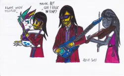 Size: 1704x1044 | Tagged: safe, artist:karadeg, derpibooru import, octavia melody, rarity, oc, oc:karadeg, human, pony, unicorn, equestria girls, g4, alternate hairstyle, electric guitar, guitar, holding a pony, image, jpeg, musical instrument, punk, raripunk, traditional art, violin