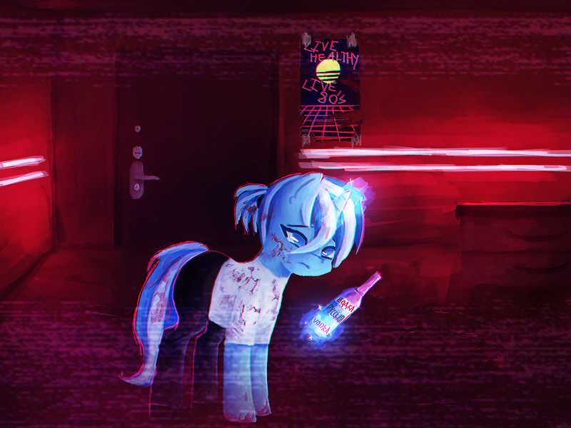 Size: 2000x1500 | Tagged: semi-grimdark, alternate version, artist:menalia, derpibooru import, oc, oc:freezy coldres, unofficial characters only, pony, unicorn, aesthetics, alcohol, blood, clothes, dark room, door, drunk, error, female, glitch, horn, image, magic, magic aura, mare, neon, pants, png, poster, room, sad, shirt, shoes, solo, sun, synthwave, synthwave grid, t-shirt, vodka