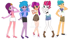 Size: 1280x698 | Tagged: safe, artist:hate-love12, derpibooru import, hitch trailblazer, izzy moonbow, pipp petals, sunny starscout, zipp storm, equestria girls, g4, g5, my little pony: a new generation, clothes, deviantart watermark, equestria girls-ified, g5 to equestria girls, g5 to g4, generation leap, image, mane five, obtrusive watermark, png, shorts, simple background, skinny pipp, skirt, transparent background, watermark