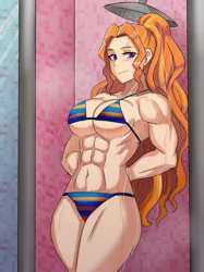 Size: 800x1067 | Tagged: suggestive, artist:tzc, derpibooru import, adagio dazzle, equestria girls, g4, acardio dazzle, arm behind back, belly button, bikini, breasts, busty adagio dazzle, clothes, commission, female, fetish, image, jpeg, looking at you, muscle fetish, muscles, muscular female, shower, smiling, solo, swimsuit