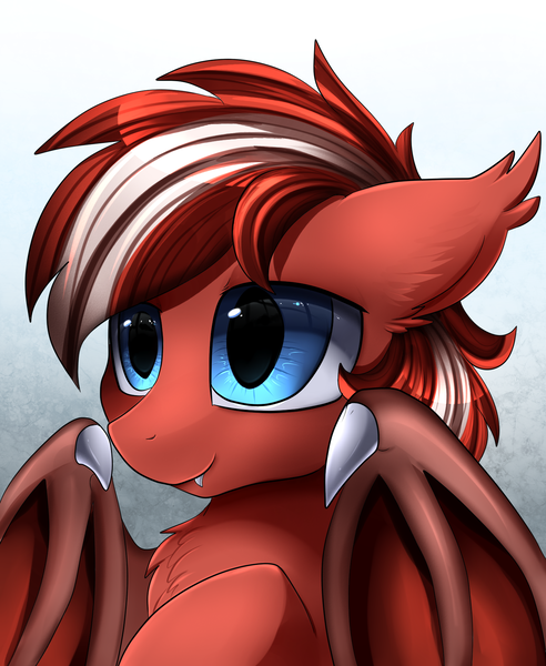 Size: 1446x1764 | Tagged: safe, artist:pridark, derpibooru import, oc, oc:eclipse skies, unofficial characters only, bat pony, pony, abstract background, bat pony oc, bat wings, bust, chest fluff, claws, cute, ear fluff, fangs, floppy ears, image, male, png, portrait, red, slit pupils, smiling, solo, spread wings, stallion, white, wing claws, wings