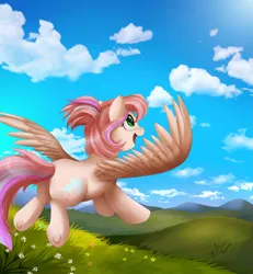 Size: 2855x3087 | Tagged: safe, artist:pridark, derpibooru import, oc, oc:sweet skies, unofficial characters only, pegasus, pony, cloud, female, field, flower, flying, high res, image, mountain, png, scenery, solo, spread wings, wings