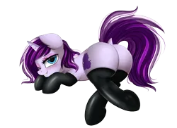 Size: 3509x2550 | Tagged: suggestive, artist:pridark, derpibooru import, oc, oc:milagra lilac, unofficial characters only, pony, unicorn, blushing, butt, clothed ponies, clothes, commission, female, high res, image, latex, latex socks, plot, png, simple background, socks, solo, solo female, thigh highs, transparent background, underhoof, ych result