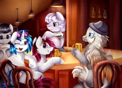 Size: 3509x2550 | Tagged: safe, artist:pridark, derpibooru import, 33 1-3 lp, long play, octavia melody, vinyl scratch, oc, classical hippogriff, hippogriff, pony, unicorn, g4, bar, bartender, chair, ear piercing, earring, high res, image, jewelry, one eye closed, piercing, png, pub, wink