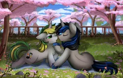 Size: 3520x2242 | Tagged: safe, artist:pridark, derpibooru import, oc, oc:bluepaint, oc:green stars, unofficial characters only, pony, unicorn, cherry blossoms, cherry tree, cloud, duo, female, fence, flower, flower blossom, high res, image, male, oc x oc, png, scenery, shipping, sky, straight, tree