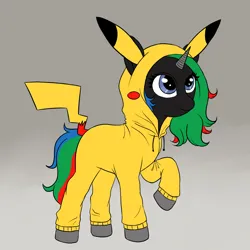 Size: 2332x2332 | Tagged: safe, artist:micaza, derpibooru import, oc, oc:thinkpony, pikachu, pony, unicorn, clothes, commission, costume, high res, image, jpeg, kigurumi, pokémon, ych result