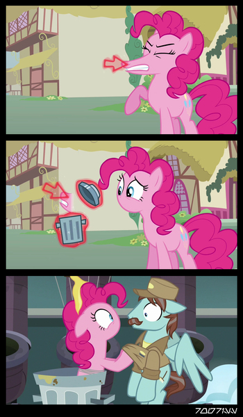 Size: 1288x2206 | Tagged: safe, derpibooru import, edit, edited screencap, editor:teren rogriss, screencap, pinkie pie, earth pony, pegasus, pony, g4, magic duel, secrets and pies, cursor, disembodied mouth, dusty skies, image, janitor, jpeg, no mouth, no nose, trash, trash can, waste collector