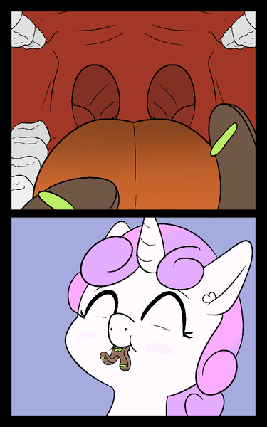 Size: 1000x1600 | Tagged: safe, artist:happy harvey, derpibooru import, sweetie belle, oc, oc:anon, pony, unicorn, g4, cookie, ear fluff, esophagus, eyes closed, female, filly, filly pred, food, gingerbread (food), gingerbread man, happy, image, inside mouth, kicking, living object, mawshot, micro, offscreen character, open mouth, oral invitation, oral vore, phone drawing, png, pov, prone, size difference, soft vore, sweetiepred, uvula, vore