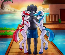 Size: 2600x2200 | Tagged: safe, artist:annakitsun3, derpibooru import, oc, oc:kaji, oc:koori, oc:marx, unofficial characters only, anthro, earth pony, unguligrade anthro, unicorn, beach, boardwalk, clothes, female, high res, image, lucky bastard, male, ocean, one eye closed, palm tree, partial nudity, png, shorts, siblings, straight, sunset, swimsuit, topless, tree, trio, twins, unshorn fetlocks, wink