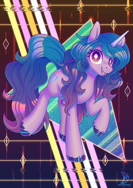 Size: 2480x3508 | Tagged: safe, artist:musicfirewind, derpibooru import, izzy moonbow, pony, unicorn, g5, my little pony: a new generation, backwards cutie mark, colored hooves, eyebrows, eyebrows visible through hair, female, high res, image, jpeg, looking at you, mare, open mouth, open smile, raised hoof, retro, smiling, smiling at you, solo, triangle, unshorn fetlocks, vaporwave, white pupils