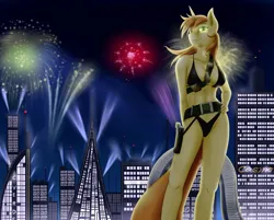 Size: 3500x2807 | Tagged: suggestive, artist:bludraconoid, derpibooru import, oc, oc:high impact, unofficial characters only, anthro, unicorn, abs, belt, bikini, black swimsuit, breasts, building, casino, city, cityscape, clothes, female, fireworks, gun, hand on hip, handgun, high res, holster, image, jpeg, night, pistol, solo, swimsuit, weapon