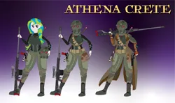 Size: 9872x5833 | Tagged: safe, artist:miipack603, derpibooru import, oc, oc:athena crete, unofficial characters only, fallout equestria, fanfic:fallout equestria: lone ranger, equestria girls, absurd resolution, anti-materiel rifle, armor, badass, bag, boots, bracer, breastplate, clothes, combat boots, desert ranger, duster, fanfic art, female, fimfiction, frown, gradient background, greaves, gun, handgun, harness, holster, humanized oc, image, jacket, jpeg, leather jacket, looking at you, multicolored hair, pauldron, pipbuck, post-apocalyptic, pouch, pre-war, ranger sequoia, revolver, shoes, solo, speedloader, stern, sword, tack, title, weapon