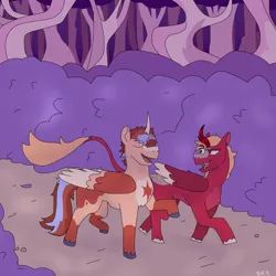 Size: 3300x3300 | Tagged: safe, artist:blaek, derpibooru import, oc, oc:duskglow, oc:summerblaze, alicorn, hybrid, kirin, pegasus, pony, forest, high res, image, male, png, stallion, tree, walking