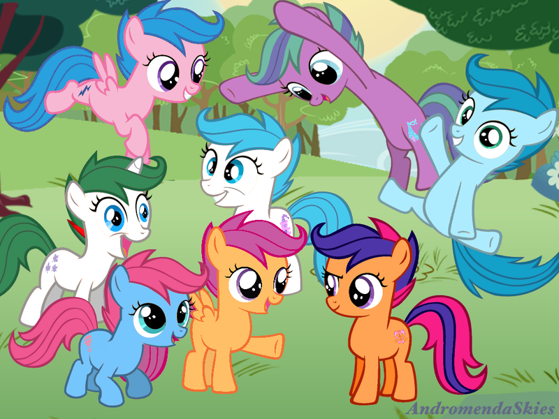 Size: 1024x768 | Tagged: safe, artist:andromendaskies, derpibooru import, baby cuddles, baby firefly, baby gusty, baby sleepy pie, ember (g1), scootaloo, scootaloo (g3), scooter sprite, earth pony, pegasus, pony, unicorn, g1, g3, g4, baby, baby firefly can fly, baby flyabetes, baby gustybetes, baby pony, cuddlebetes, cute, cutealoo, dreamworks face, ember (blue), female, filly, flying, freestyle, g1 emberbetes, g1 to g4, g3 cutealoo, g3 to g4, generation leap, generational ponidox, generations, grin, group, image, jumping, open mouth, open smile, outdoors, png, raised leg, recolor, scooterbetes, sleepydorable, smiling, talking