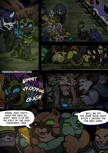 Size: 2408x3400 | Tagged: safe, artist:tarkron, author:bigonionbean, derpibooru import, oc, changeling, diamond dog, earth pony, hybrid, pegasus, pony, undead, unicorn, comic:fusing the fusions, comic:time of the fusions, argument, ballgag, bondage, bound and gagged, changeling oc, cloth gag, clothes, combat, comic, commissioner:bigonionbean, crying, cutie mark, dialogue, eyepatch, female, fight, friendship express, frightened, gag, glasses, gold, guard, high res, horn, horrified, image, male, mare, over the nose gag, pack, panel, panic, panicking, png, rain, random pony, royal guard, scared, shocked, soldier, soldier pony, sports, stallion, storm, teary eyes, tied up, train, train car, wings, wrestling